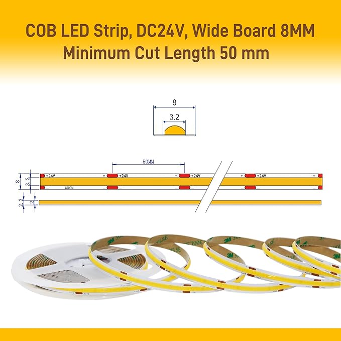 Pandery COB LED Strip Lights Warm White,24V Dimmable led Light Strip KIT with Remote and app Control,2700K 9.84FT/3m 8mm Wide Ra>90 Cuttable Flexible Strip Lights for Bedroom,Wardrobe,Cabinet