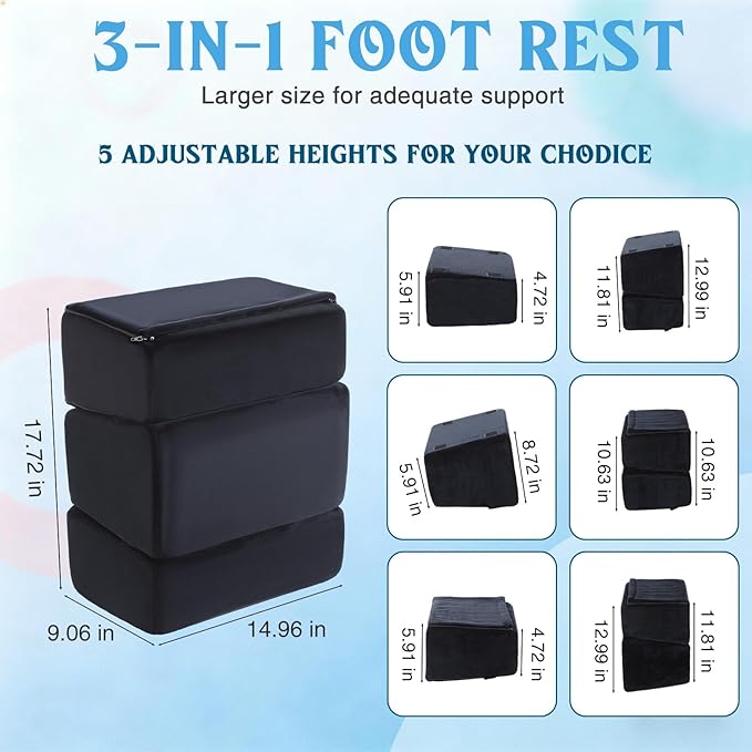 Novabright Foot Rest Under Desk, 3 Height Adjustable Ergonomic Foot Stool with Gel Textured Top and Cozy Pocket, Non-Slip Foam Footrest for Office Home Car(15" X 9" X 17.7",Parallel,Black)