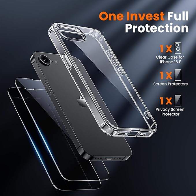 toushion 3 in 1 for iPhone 16E Case Clear/iPhone 17E Case [Yellowing-Resistant Acrylic Back] Screen Protector *2, Shockproof for iPhone 16e & 17e Case 6.1 inch Clear