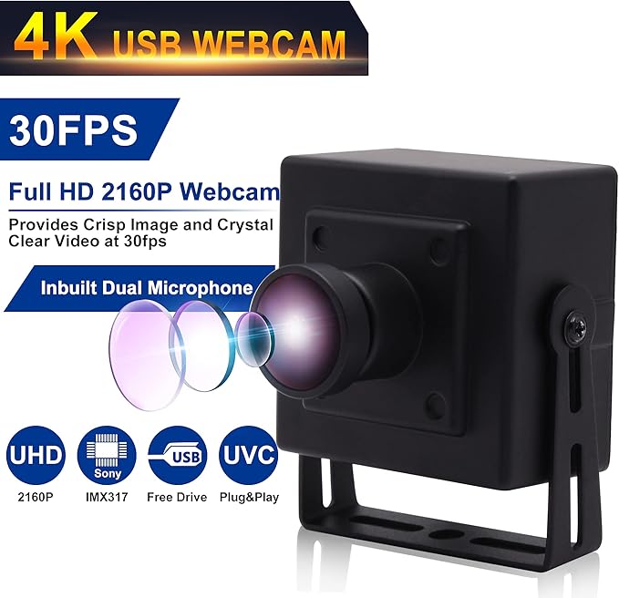 4K USB Camera Ultra HD 2160P Webcam with IMX317 Sensor,170 Degree Fisheye Lens USB Camera Module with Dual Microphone, Plug and Play USB Webcam for Windows/Mac/Linux/Raspberry Pi