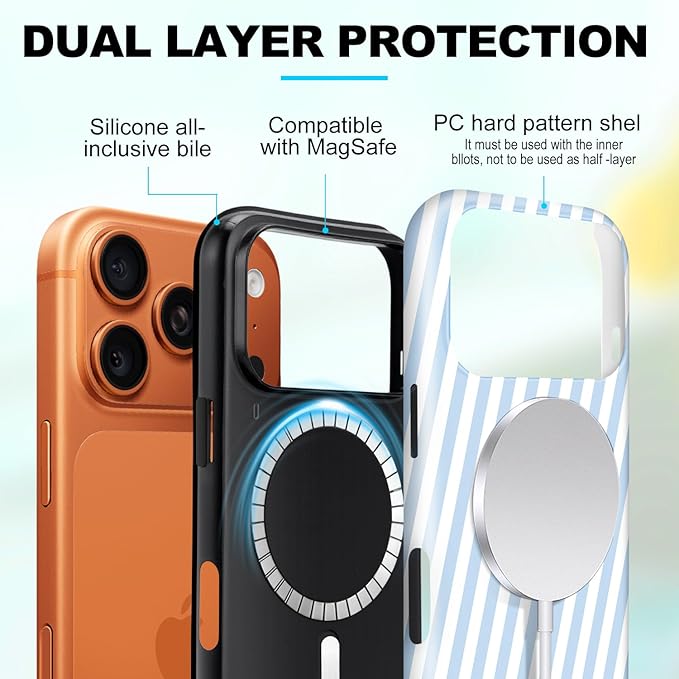 Magnetic for iPhone 17 Pro Case Cute Diagonal Stripes Phone Case, Shockproof Slim TPU and Hard PC Protective Phone Cover Compatible with MagSafe Designed for Women Girls,Blue