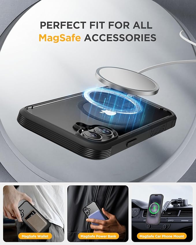 Miracase Magnetic for iPhone 16 Plus Case Full-Body Phone with Built-in Glass Screen Protector, [Compatible with MagSafe] Military Drop Proof 16 Plus Cover Bumper 6.7 inch, Black