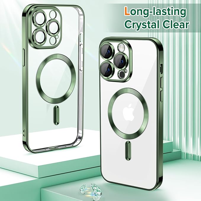 Hython Magnetic Clear for iPhone 14 Pro Case with Camera Lens Protector [Compatible with MagSafe] Luxury Plating Edge Slim Soft TPU Cover Protective Phone Case for iPhone 14 Pro 6.1", Deep Green