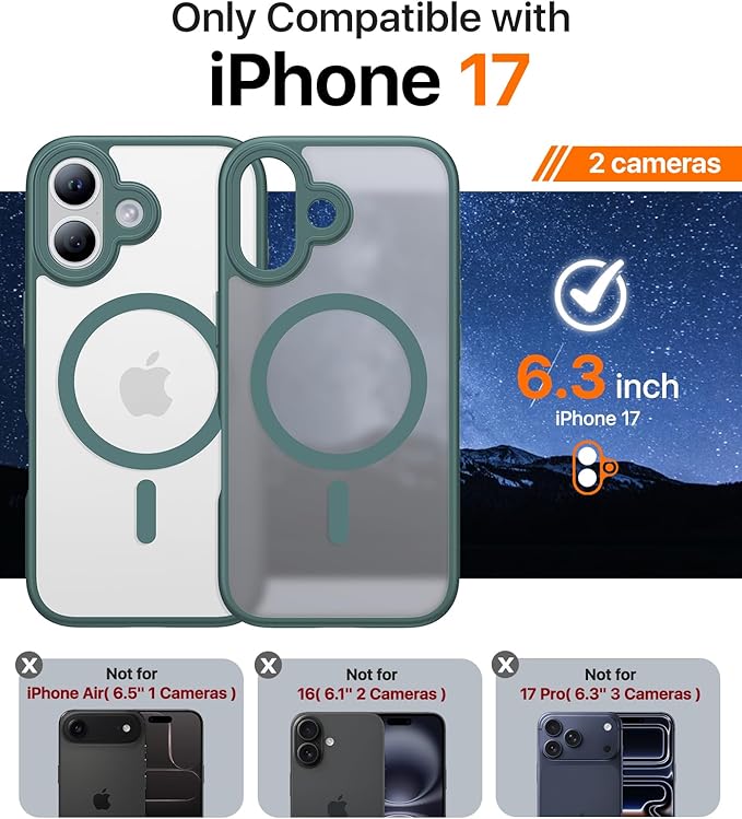 Magnetic for iPhone 17 Case,[Anti-Slip][Compatible with MagSafe][Military Grade Drop Protection] Shockproof Protective Translucent Matte Phone Case for iPhone 17 Case,Night Green