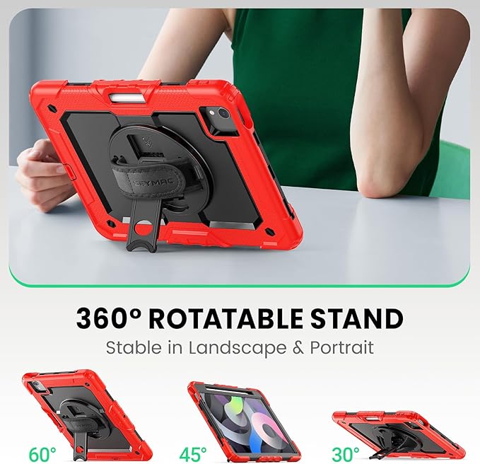 SEYMAC Case for iPad Air 5th/4th Generation 10.9 Inch, Full-Body Heavy Duty Protective Case with Rotating Stand, Screen Protector and Hand/Shoulder Strap for Air 5/ Air 4, Red