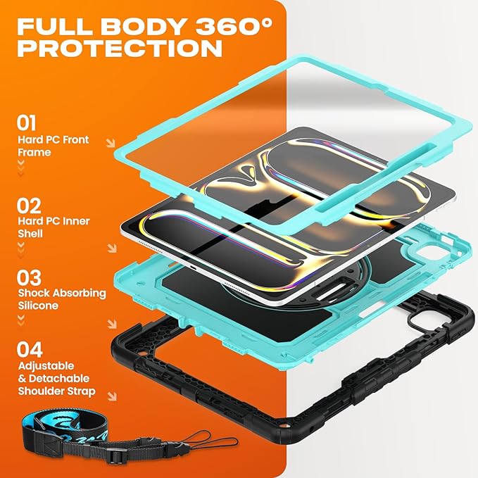 SEYMAC stock Case for iPad Pro 13-inch M5-M4 2025-2024, Shockproof Heavy Duty Case with Screen Protector, Pencil Holder, Rotating Stand, Hand Strap, Shoulder Strap, SkyBlue