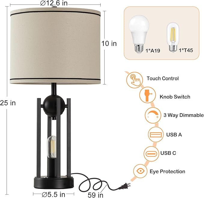 25'' Industrial Table Lamps for Living Room 1pcs with USB C+A Ports, Farmhouse Rustic Bedside Lamp for Bedroom, Touch Lamps for Nightstand, Dual Lights Independent Switch, Bulb Included, Black