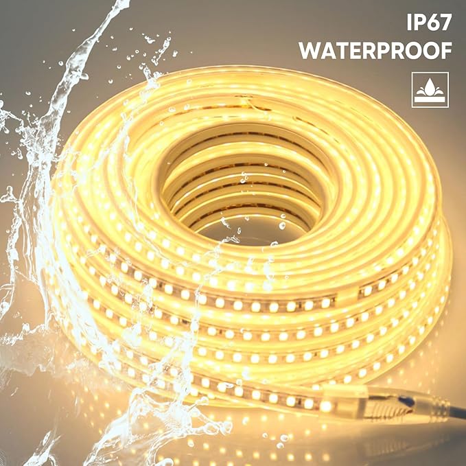 LED Strip Lights AC 110V 9.84 ft Warm White Outdoor LED Lights Waterproof 3m SMD 5730 120LEDs/m 3000K Cuttable Strip Lighting for Bedroom Wall Kitchen Under Cabinet TV Lights
