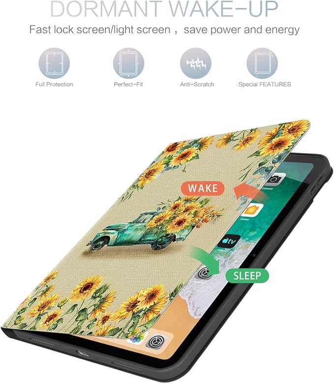 for iPad (A16) 11Th/10Th Generation Case 2025/2022, for iPad Case 11Th/10Th Generation, 10Th/11Th Gen iPadCase Cover Auto Wake/Sleep Multi-Angle Viewing Adjustable Stand, Truck Sunflower
