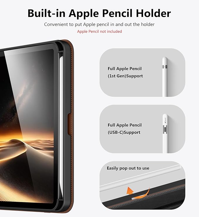 DTTO for iPad mini 7 (A17 Pro) Case, iPad mini 7th / 6th Generation Case (2024/2021), 360 Degree Rotating Premium Leather Folio Stand Cover with Pencil Holder, Black Brown