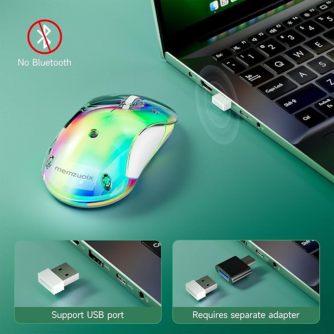 memzuoix 2.4G LED Wireless Mouse, Rechargeable Ergonomic Mouse with Detachable Cover, 1400 DPI Portable Optical Computer Mouse with USB Receiver for Laptop, PC, Desktop and MacBook, 5 Buttons-Green
