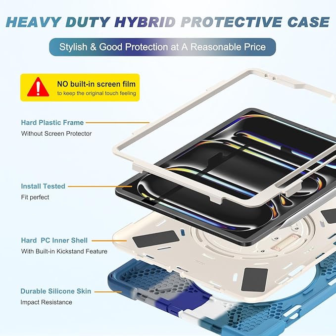 Batianda Case for iPad Pro 13-inch 2025 M5 2024 M4 Chip Heavy Duty Rugged Durability Silicone Tablet Cover with 360° Rotating Hand Strap Foldable Hidden Stand & Shoulder Strap, Colorful Blue