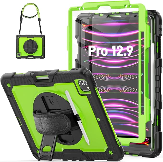 HXCASEAC Case for iPad Pro 12.9 Case (6th 5th 4th 3rd Generation), Shockproof Design | Pencil Holder | Hand Strap | Screen Protector | Heavy Duty Protective iPad 12.9 inch 2022/2021/2020/2018 - Green