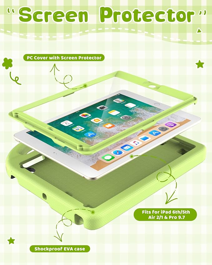 Kids Case for iPad 5th/6th Generation (9.7-inch, 2017/2018), iPad Air 2/Pro 9.7 Case with Screen Protector, Durable Shockproof Lightweight Cover with Handle/Stand for Kids, Light Green