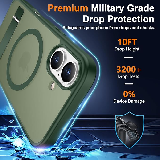 SPIDERCASE Magnetic for iPhone 16 Case,with [3 Stand Ways] [Military Grade Drop Protection] with Invisible Stand Shockproof Slim Phone Case for iPhone 16 6.1'',Dark Green