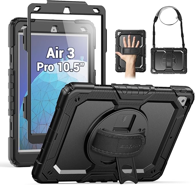 SEYMAC for iPad Air 3/ Pro 10.5 inch Case, Heavy Duty Full-Body Shockproof Protective Case with Screen Protector, 360° Rotating Stand, Hand/Shoulder Strap for iPad Air 3rd Gen, Black