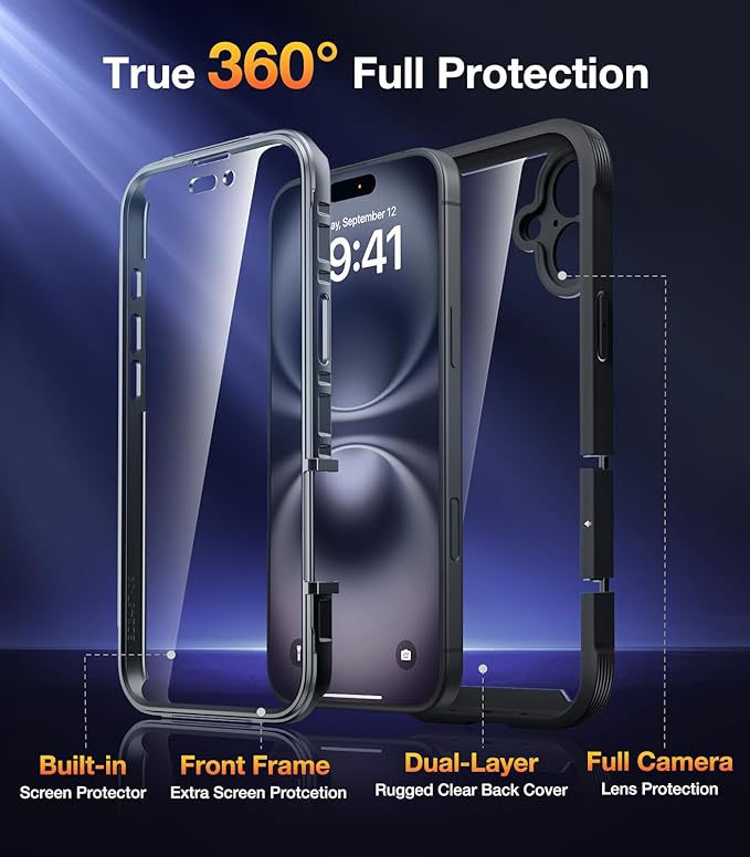 Diaclara Designed for iPhone 16 Plus Case 6.7 Inch,Upgraded [Full Camera Protection] Full Body Rugged Clear Bumper Case with Built-in Privacy Screen Protector for 16 Plus,Black