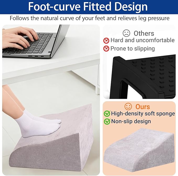 Foot Rest for Under Desk at Work, Ergonomic Under Desk Footrest with Washable Cover for Office, Home & Gaming Leg Elevation Pillow Light Gray