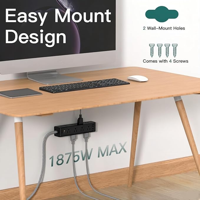 Addtam Black Power Strip Surge Protector with 12 AC Outlets & 4 USB Ports, 15FT Extension Cord, Flat Plug, Wall Mount, 1050J, Outlet Extender for Home Office Gaming Desk Setup, ETL Listed