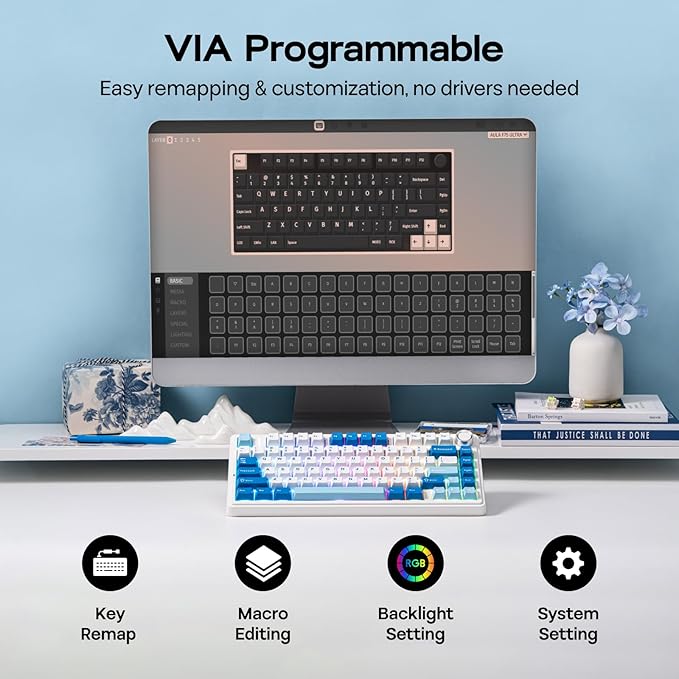 EPOMAKER x Aula F75 Ultra Wireless Gaming Keyboard with Knob, 10000mAh, Hot Swap, RGB, PBT Keycap, Creamy Sound, VIA, 75% Mechanical Keyboard for Win/Mac (Blue, Pink Mint)