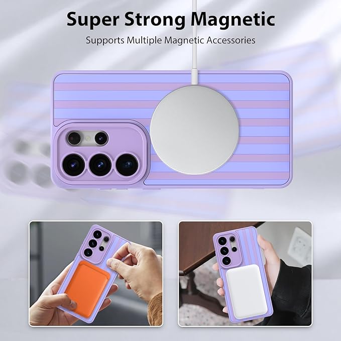 KANGHAR Compatible with Samsung Galaxy S26 Ultra Case, Support for MagSafe, Silicone Stripes Cute Pattern, Wristband Kickstand Camera Protection Soft Slim Cover for Girls Women -Purple