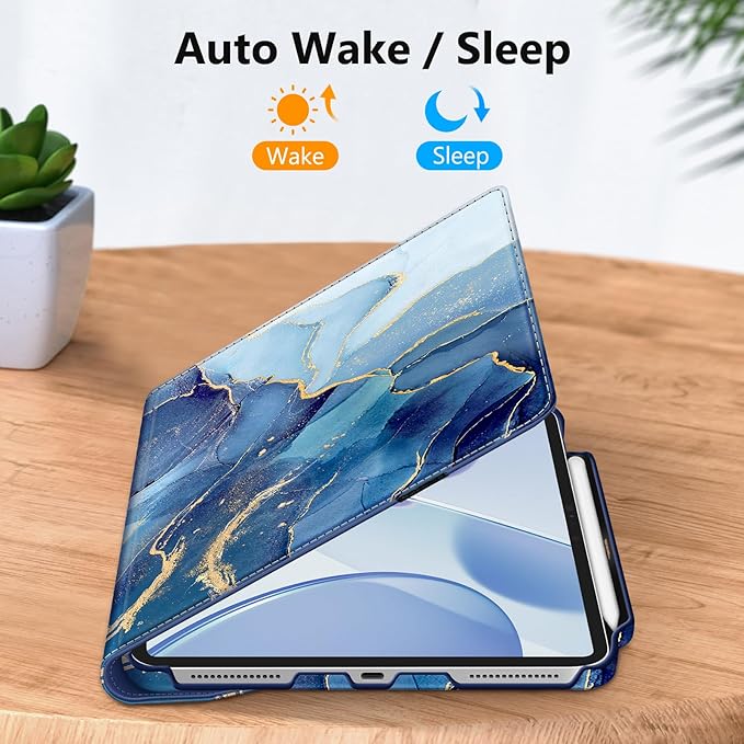 Fintie Rotating Case for iPad Pro 13-inch (M5) 2025 / (M4) 2024 with Pencil Holder - 360 Degree Swiveling Protective Stand Cover with Auto Wake/Sleep, Ocean Marble