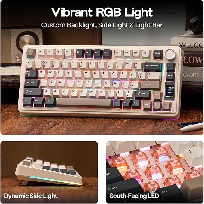 EPOMAKER X Aula EA75 MAX Wireless Gaming Keyboard with Screen & Knob, 5000mAh, Hot-Swap, Lubed Switches, RGB Backlit, Creamy Gasket, 75% Mechanical Keyboard (Retro White, Silent Cotton Candy Switch)