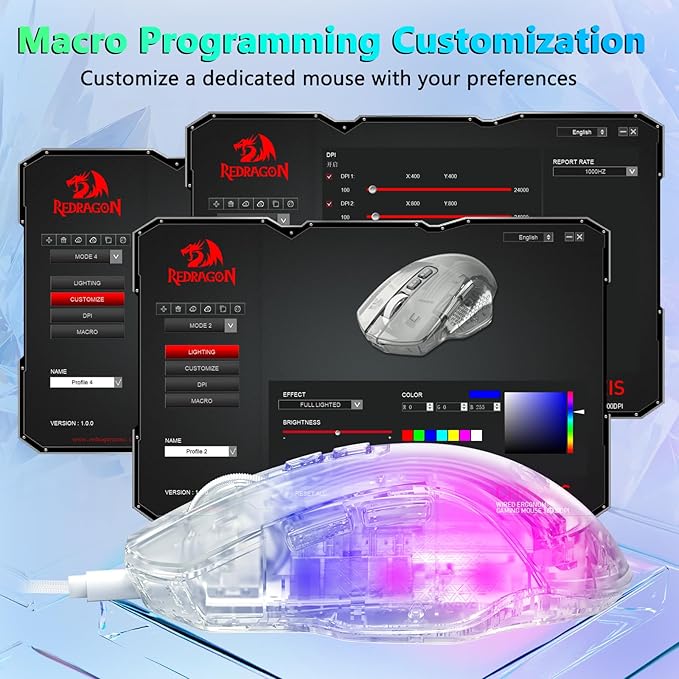 Redragon Wired Gaming Mouse, 24,000 DPI, 7 Programmable Button, 2 Side Buttons, 8 RGB LED Backlit Mode, Clear Transparent Shell, Light up Gamer Mice, Soft Cable for PC/Mac/Xbox, White