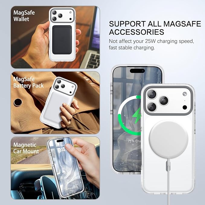 BENTOBEN Magnetic for iPhone 17 Pro Max 6.9" Case, Compatible with Magsafe Military Shockproof Protective Bumper Cute Transparent Slim Anti-Yellowing Phone Case for iPhone 17 Pro Max Cover, Clear Gray