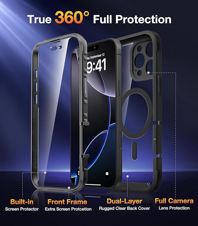 Diaclara Magnetic Designed for iPhone 16 Pro Max Case, Full Body Rugged with Touch Sensitive Anti-Scratch Screen Protector, Compatible with MagSafe, Soft Bumper Case for iPhone 16 Pro Max 6.9'', Black