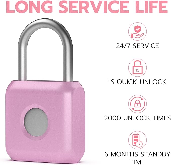 Fingerprint Padlock eLinkSmart Gym Locker Lock for Girls Women with Phone App iOS Watch Metal Keyless Combination Locks for School Sports Locker Toolbox Hasp Storage Pink