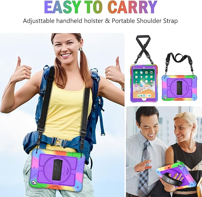 BMOUO Case for iPad 6th/5th Generation Case (9.7 inch, 2018/2017), 360°Rotating Stand, Hand/Shoulder Strap Shockproof iPad 9.7” Case for iPad Air 2, Purple