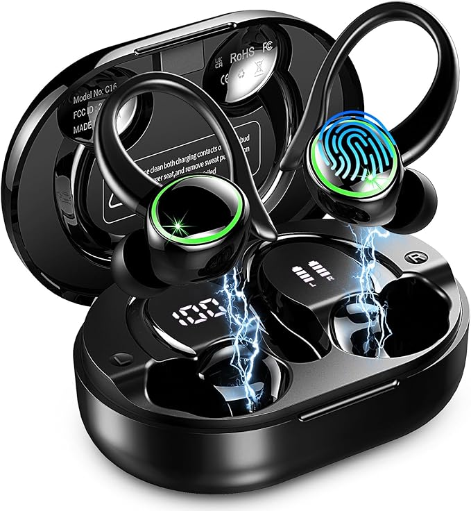 Wireless Earbuds Sports, Bluetooth 5.4 Headphones Hifi Stereo, 50H Playback Over-Ear buds with ENC Noise Cancelling Mic, Earphones with Earhooks, IP7 Waterproof Fitness Headset for Gym Running Workout