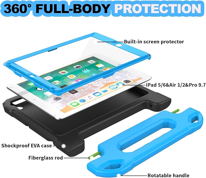 YIHE Kids Case for iPad 9.7 Inch with Screen Protector, Shockproof Handle Convertible Stand Case for iPad 9.7 6th/5th Generation 2018/2017, iPad Air 2/1& iPad Pro 9.7, Black Blue