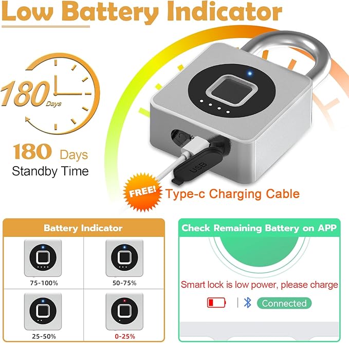 Pothunder Fingerprint Padlock, Fingerprint Lock with APP, Padlock with Steel Cable Keyless Biometric, Waterproof Suitable for Gym, Locker, Helmet, Gate, Fence, Luggage