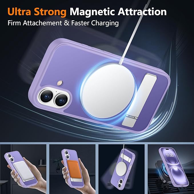 SPIDERCASE Magnetic for iPhone 16 Case,with [3 Stand Ways] [Military Grade Drop Protection] with Invisible Stand Shockproof Slim Phone Case for iPhone 16 6.1'',Light Purple