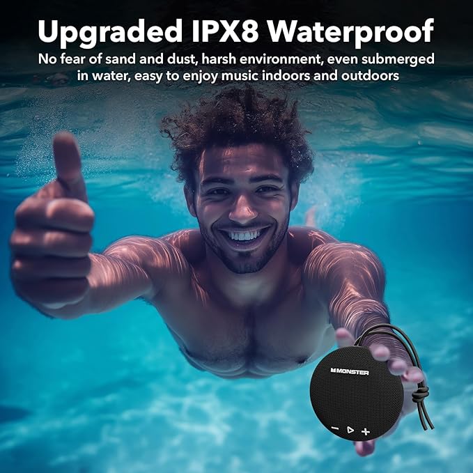 Monster 15W Bluetooth Speaker, IPX8 Shower Speaker Waterproof, Bluetooth 5.4 with Loud HD Sound and Robust Bass, Extra Long Playtime Punchy, for Home, Beaches Portable Wireless Outdoor Speakers