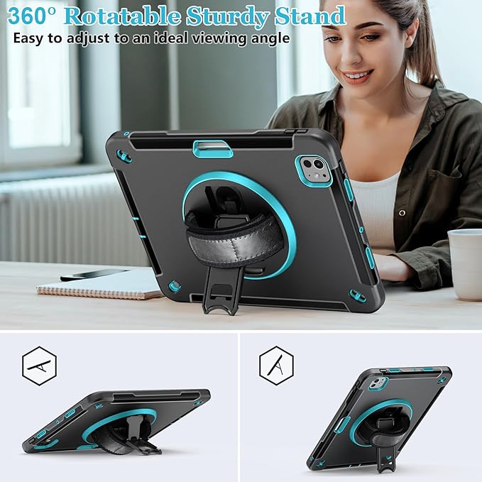 Case for iPad Pro 13 Inch M5 2025/ M4 2024: Military Grade Cover for iPad Pro 13" with Screen Protector - Stand - Handle - Shoulder Strap - Pencil Holder-Mint Green