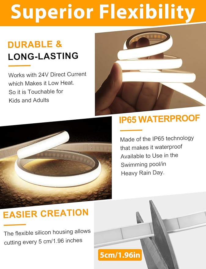 Lamomo COB LED Strip Lights, 16.4Ft Natural White Dimmable Self-Adhesive Led Rope Light with Remote, Flexible Cuttable Waterproof 4000K Silicone Neon Tape Light for Bedroom,Indoor, Cabinet, 10mm Width