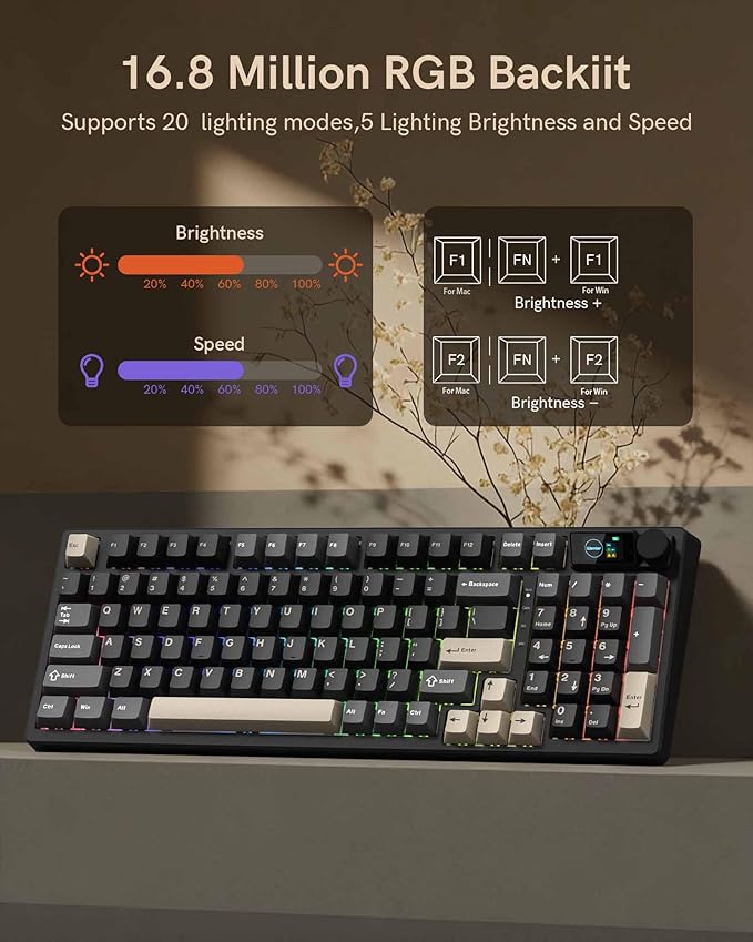 Keymatic M98 Wireless Mechanical Keyboard w/Screen & Knob, 96% Gaming Keyboard BT/2.4G/USB-C, Hot Swappable Custom Gaming Creamy Keyboard,with 8000mAh Battery