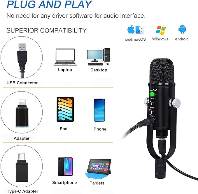 USB Microphone Condenser Computer PC Gaming Mic Podcast Microphone Kit for Streaming,Recording,Vocals,ASMR,Voice,Cardioid Studio Mic for Phone/Pad/Android/MAC/Laptop/PS4/USB C Phone,YouTube