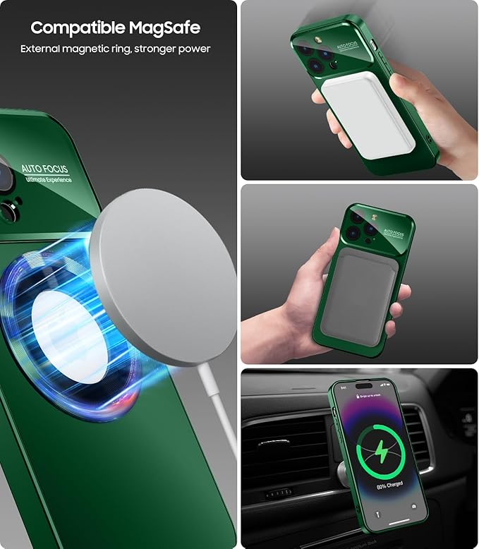 MAKAVO Magnetic for iPhone 12 Pro Case, Compatible with MagSafe, Built-in Camera Lens Protector, Logo View, Military Grade Drop Proof Phone Case Cover, Green