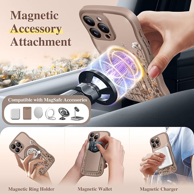 GVIEWIN for iPhone 15 Pro Case Compatible with MagSafe [Curly Wave Edge][Full Camera Protection] Floral Translucent Shockproof Magnetic Women Phone Case for iPhone 15 Pro 6.1'', Floratopia/Brown