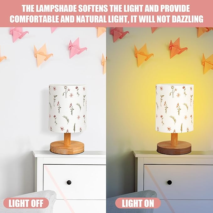 VIHOSE Boho Floral Bedside Table Lamp Vintage Nightstand Lamp with Linen Fabric Shade Solid Wood Base Decoration for Kids Living Room Bedroom Desk Dorm