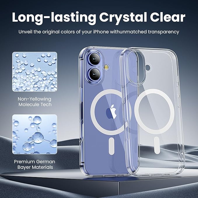for iPhone 16 Case, Compatible with Magsafe [Yellowing Resistant] with 1X Screen Protector + 1X Camera Lens Protector, Military-Grade Protection, Clear Case for iPhone 16-Clear