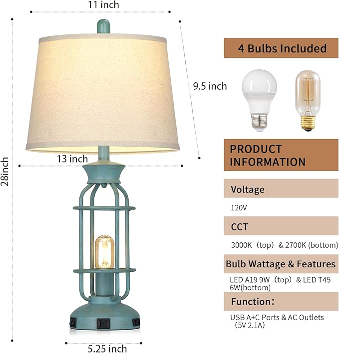28" Tall Farmhouse Table lamps for Living Room, Vintage Industrial Table Lamp with USB C+A Ports & Outlet, Rustic Bedside Lamps with 2 Nightlight & Linen Fabric Shade for Nightstand Bedrooms Desk Blue