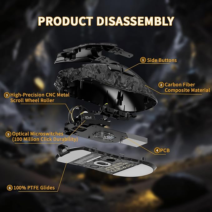 ATTACK SHARK X11 Ultra 8K Carbon Fiber Wireless Gaming Mouse,Nordic 54L15 MCU,PAW3950MAX Sensor,59g Superlight,42000 DPI,BT/2.4Ghz/Wired Mouse with 100 Million Clicks,Programmable for Pc/Mac,Black