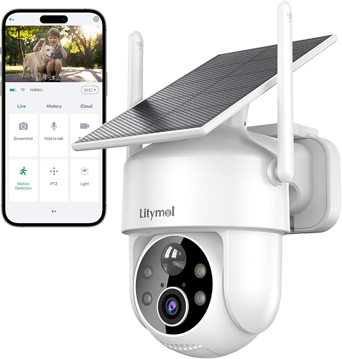 LITYMOL 2K 360° View Security Cameras Wireless Outdoor, Solar Cameras for Home Security, Color/IR Illumination Night Vision, AI Detection, 2-Way Audio, Siren Alarm, SD/Cloud Storage, 2.4g WiFi