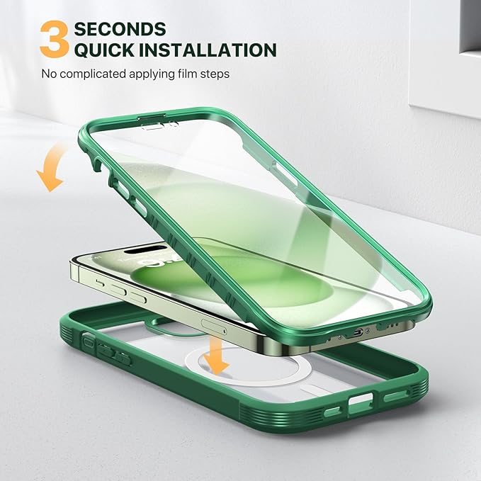 Diaclara Designed for iPhone 15 Plus Case 6.7'', [Compatible with MagSafe] Full Body Rugged Magnetic Case w/Built-in Screen Protector+Glass Camera Lens Protector,Mint Green