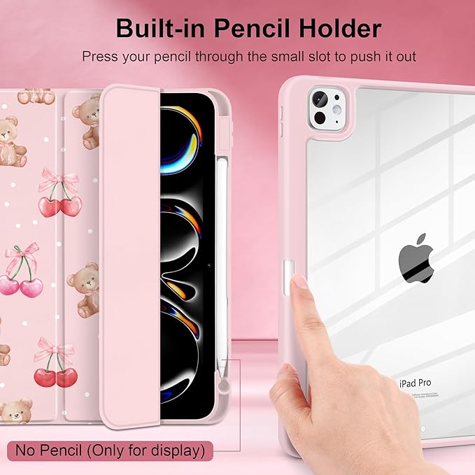 TWOLSKOO Case for iPad Pro 11-inch (M5 2025 / M4 2024), Clear Acrylic Back with TPU Bumper, Pencil Holder, Trifold Stand, Auto Sleep/Wake, Lovely Bear